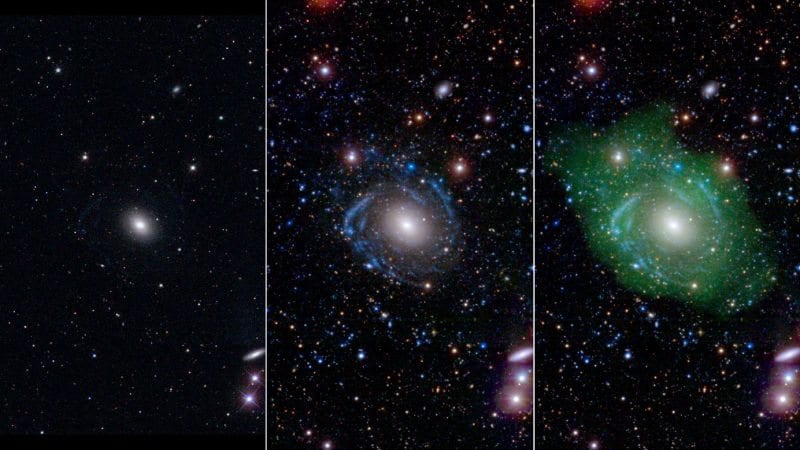 Galaxy UGC 1382 in optical (pane 1) ultraviolet (pane 2) and ultraviolet and radio (pane 3) views. (PHOTO: NASA/JPL/Caltech/SDSS/NRAO/L. Hagen and M. Seibert)